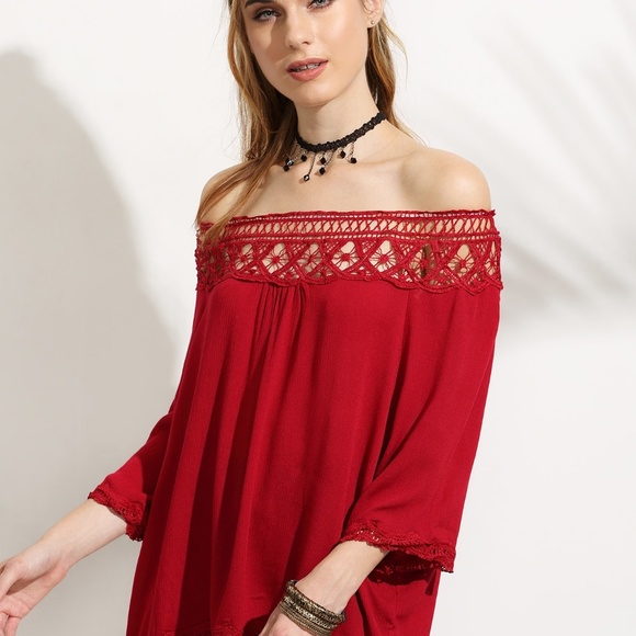 Red Bardot Crochet Lace Accent Off Shoulder Top - Picture 4 of 4